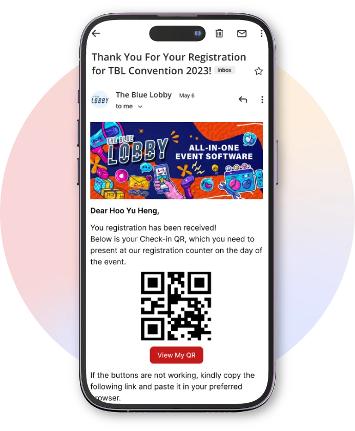 mobile view of Blue Lobby confirmation QR code message email